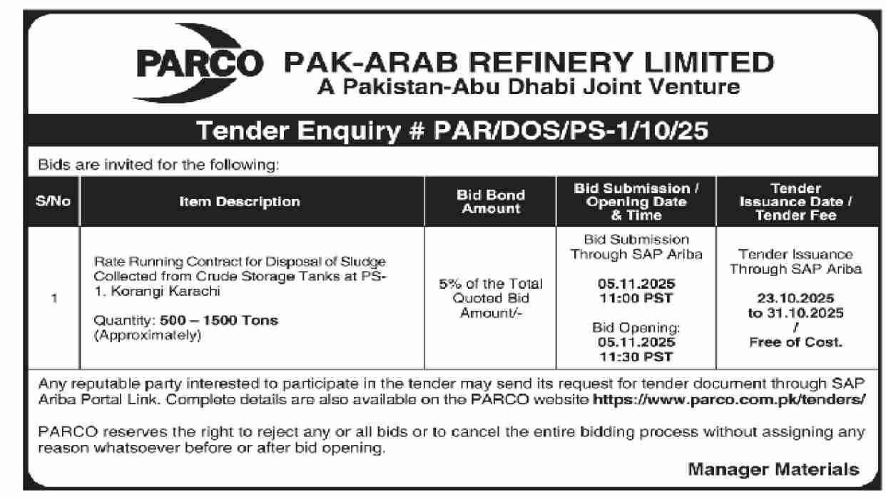 Pak Arab Refinery Limited Tender Notice